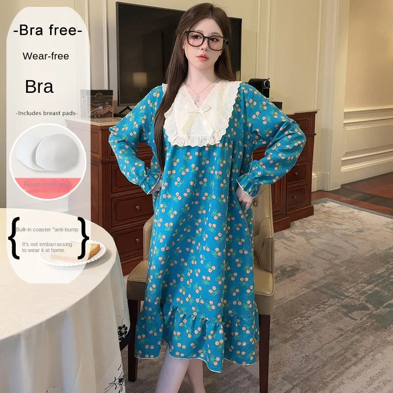 2026 Comfy Long Sleeve Home Dress, Women's Floral Print Loungewear for Spring Autumn, Oversize Sweet Korean Style