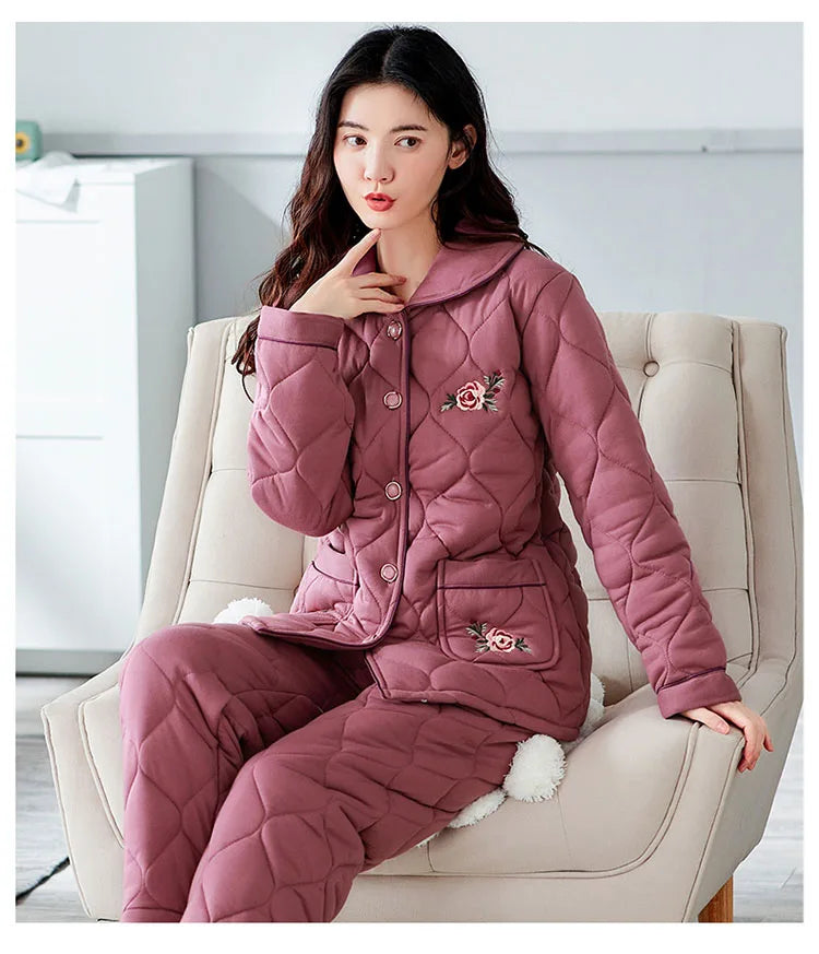 Winter three layer thick keep warm quilted jacket women's pajamas floral pijamas inverno M-XXXL sleepwear