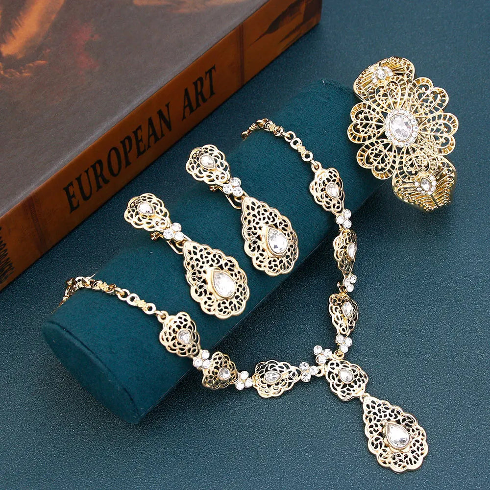 Sunspicems Morocco Bride Jewelry Sets Hollow Flower Women Earring Necklace Bracelet Water Drop Crystal Arabic Wedding Necklace