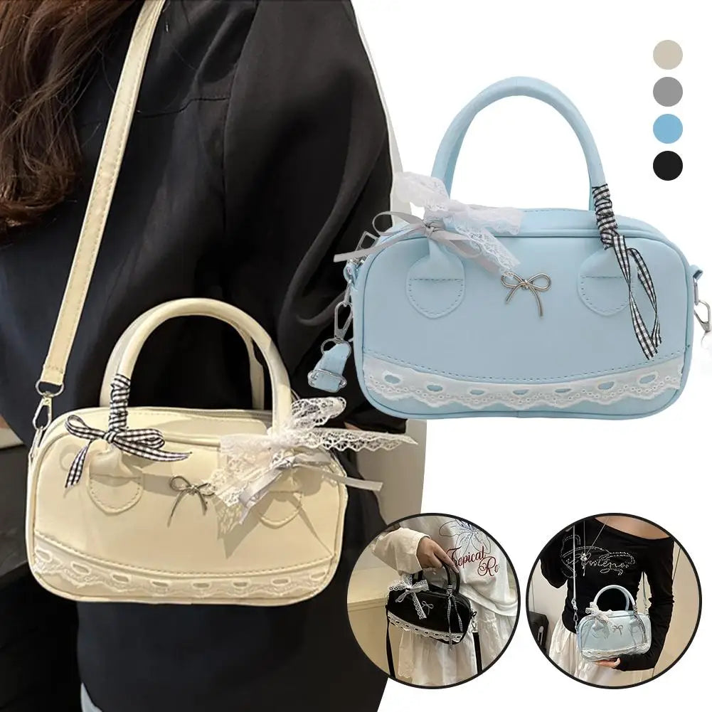 Simple Elegant Handbag Boston Shoulder bag Lace Ribbon Bow Decor Crossbody Bag Small Square Bag Casual Women Bags ﻿