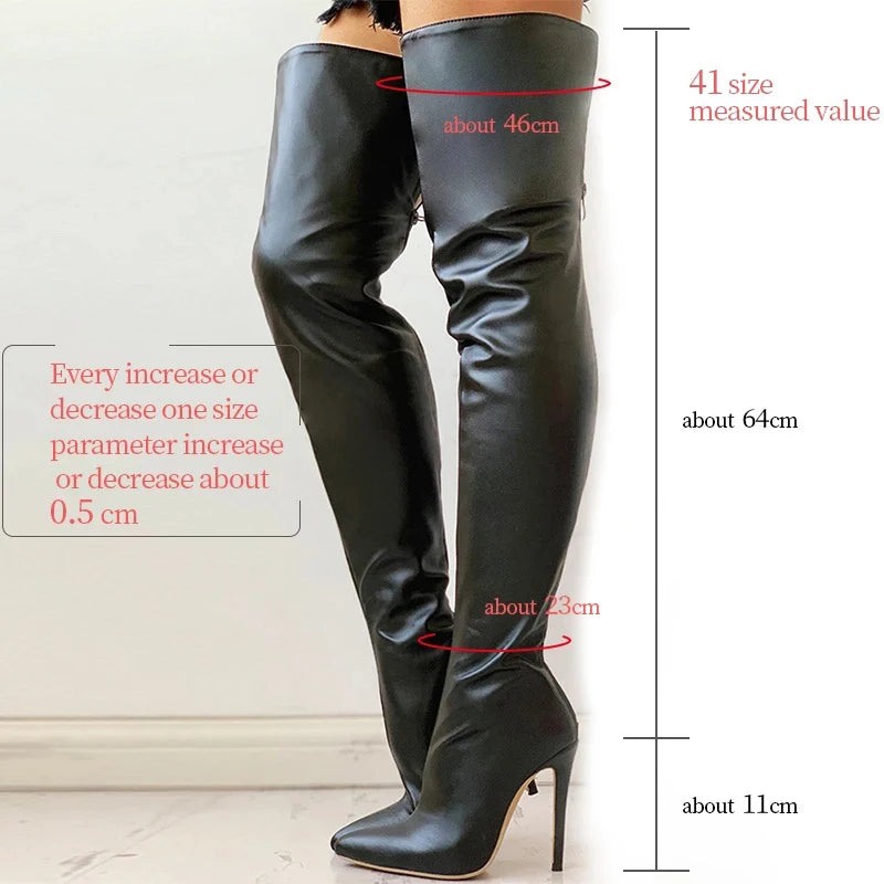 Women Boots Red Black Pointy Toe Thigh High Long Boots Autumn Winter Zip Over-the-Knee Boots Party Shoes Plus Size 46 Stiletto