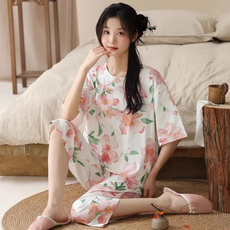 Gentle Floral Print Pajama Set Short Sleeve Top And Capri Pants Suit Vintage Women's Summer Sleepwear Loungewear Home Clothes
