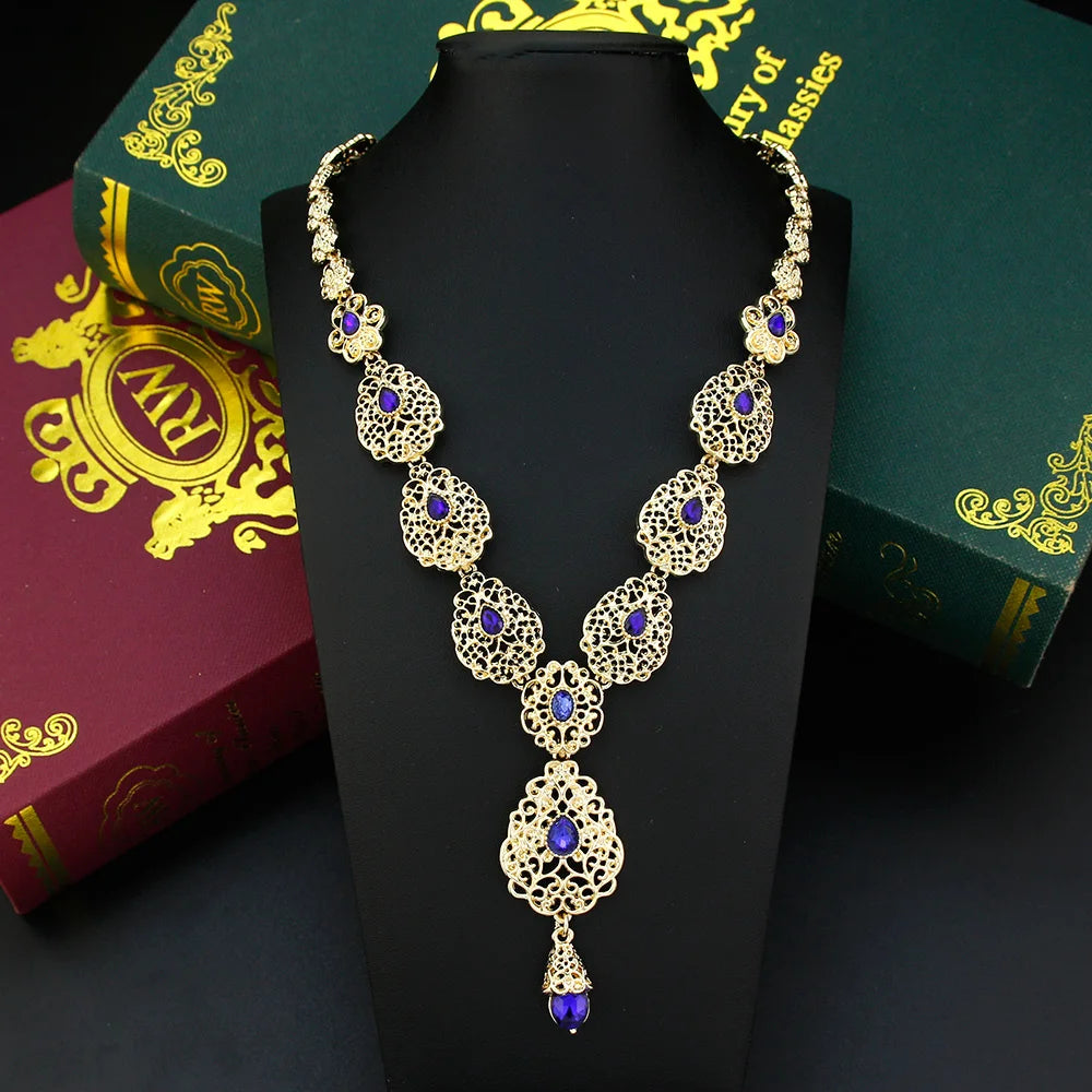 Sunspicems Charm Morocco Choker Necklace For Women Gold Color Droplet Crystal Necklace Hollow Arabesque Bride Wedding Jewelry