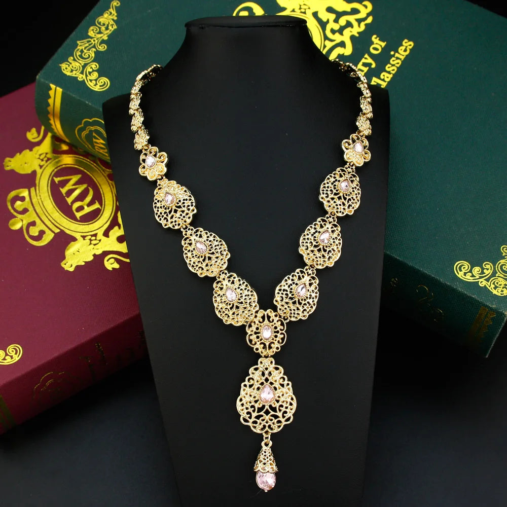 Sunspicems Charm Morocco Choker Necklace For Women Gold Color Droplet Crystal Necklace Hollow Arabesque Bride Wedding Jewelry