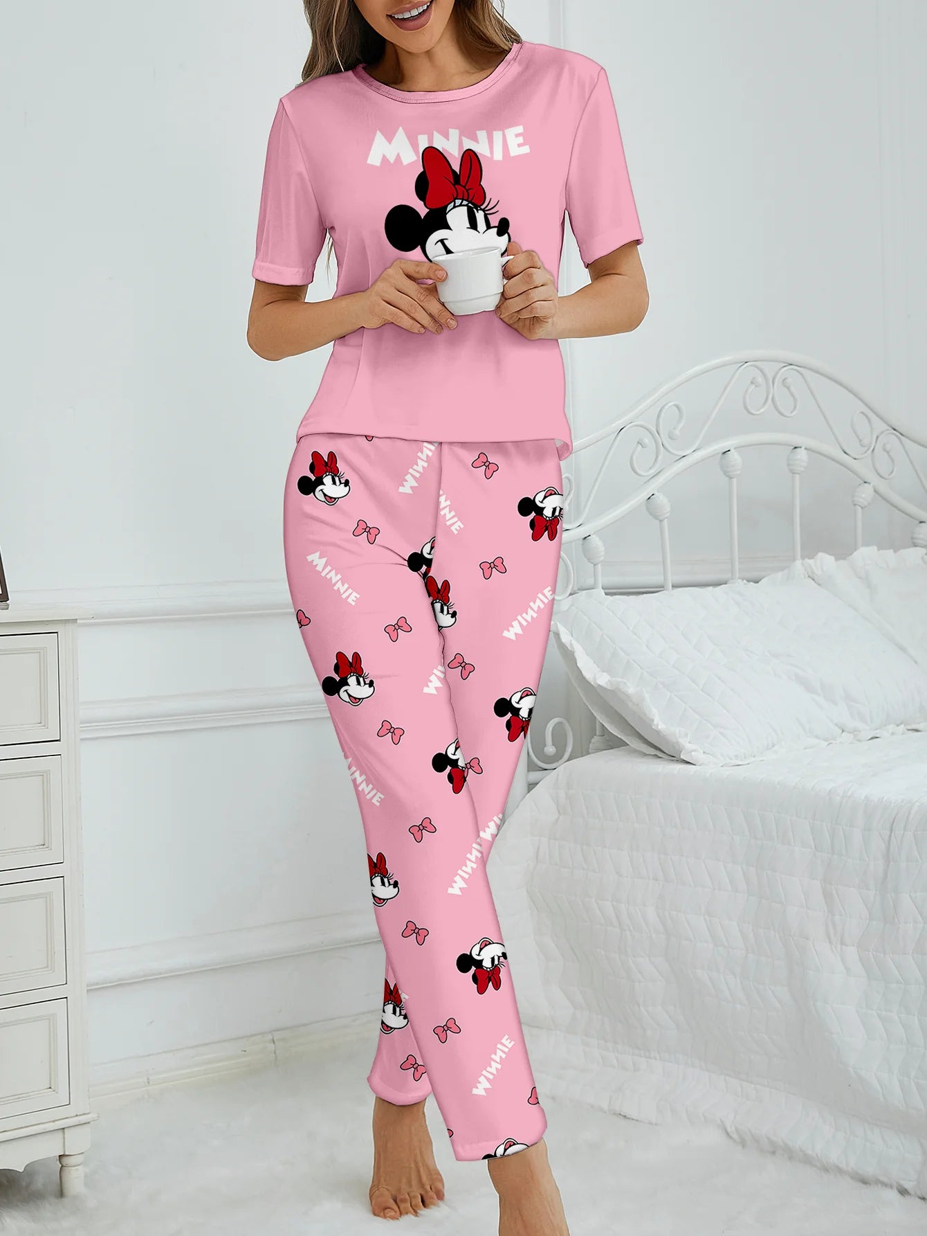 Women's 2-piece Disney Cute Bow Cartoon Pattern Short sleeved Top and Pants Nightwear Home Clothes
