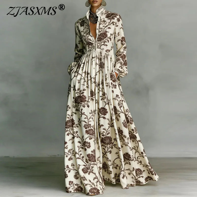 Retro Pattern Print High Waist Pleated Dress Woman Spring Shirt Collar Button Pockets Maxi Dress Long Sleeve Boho Vacation Dress
