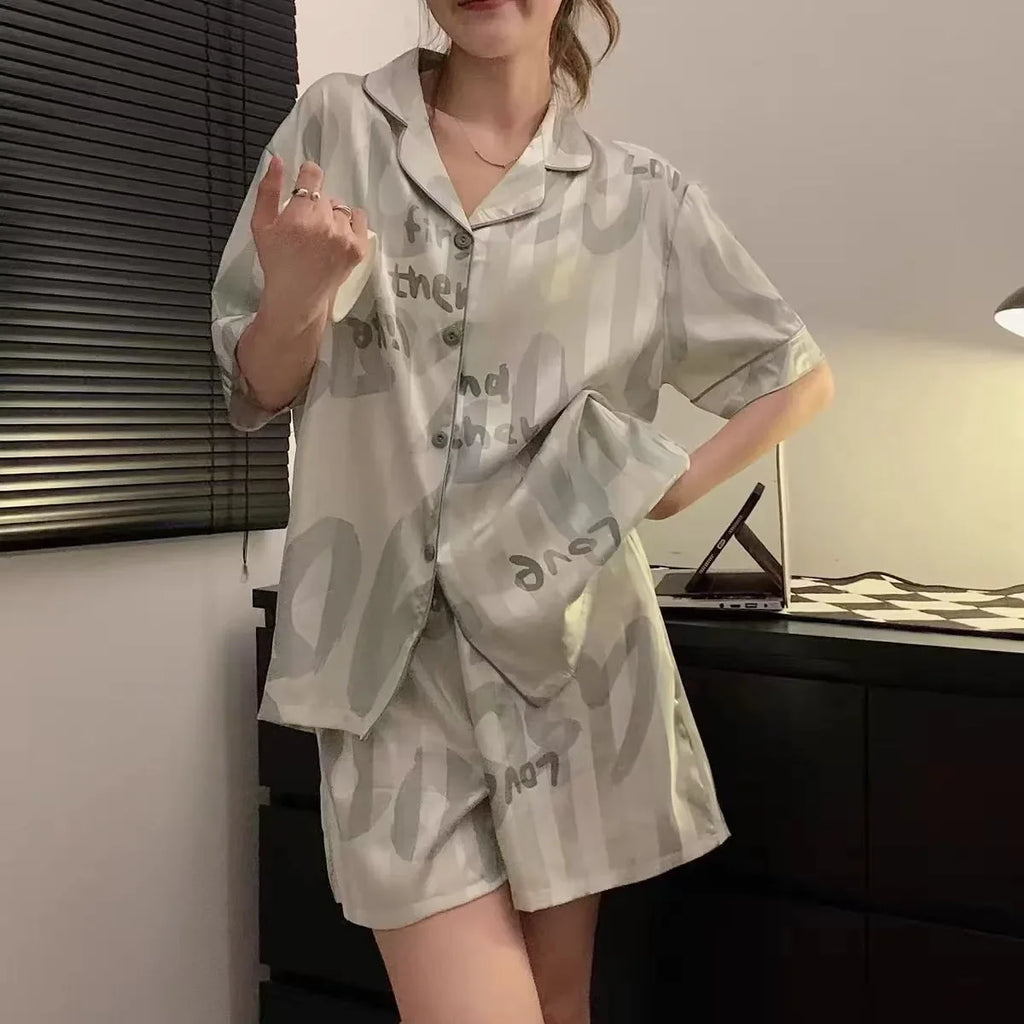 Women Sleepwear Ice Silk Girl Home Wear Cardigan Floral Sweet 2PCS Set Ladies Short Sleeve Shorts Student Pajamas M L Nightwear