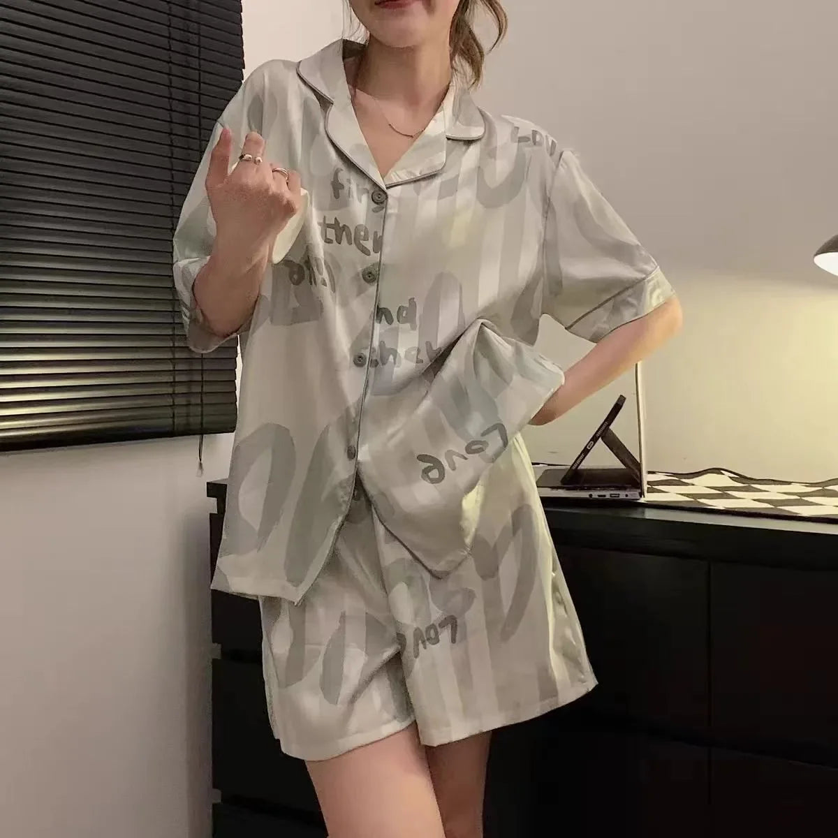 Women Sleepwear Ice Silk Girl Home Wear Cardigan Floral Sweet 2PCS Set Ladies Short Sleeve Shorts Student Pajamas M L Nightwear