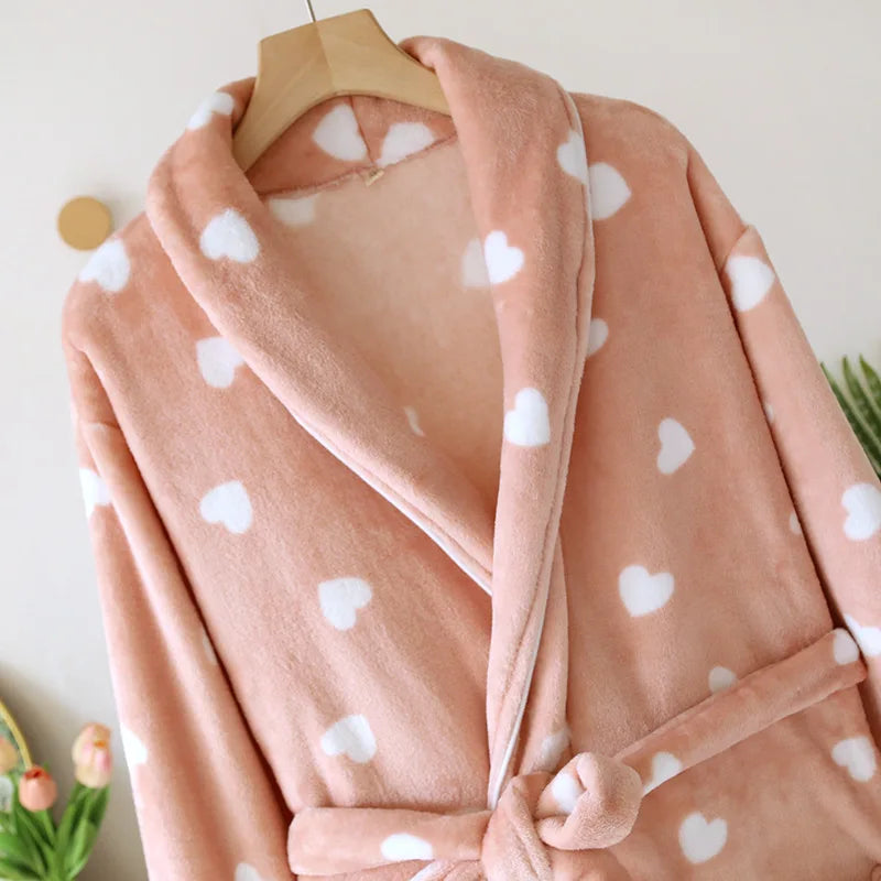 Autumn Winter Female Robe Thicken Flannel Bathrobe Kimono Sleepwear with Pocket Cute Print Sweet Heart Home Dress Lounge Wear
