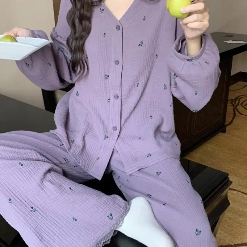 Cute Lapel Sweet Girl's Small Floral Pajama Spring New Elegant Women's Long Sleeved Pant Home Suit Set Comfortable Skin Friendly