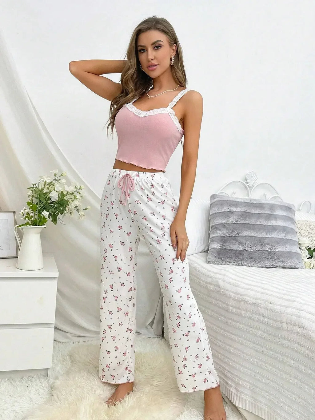 Women Sleepwear Autumn Winter Pajamas Set Casual Floral Printed Tops and Trouses Sets Homewear Loungewear Pajama