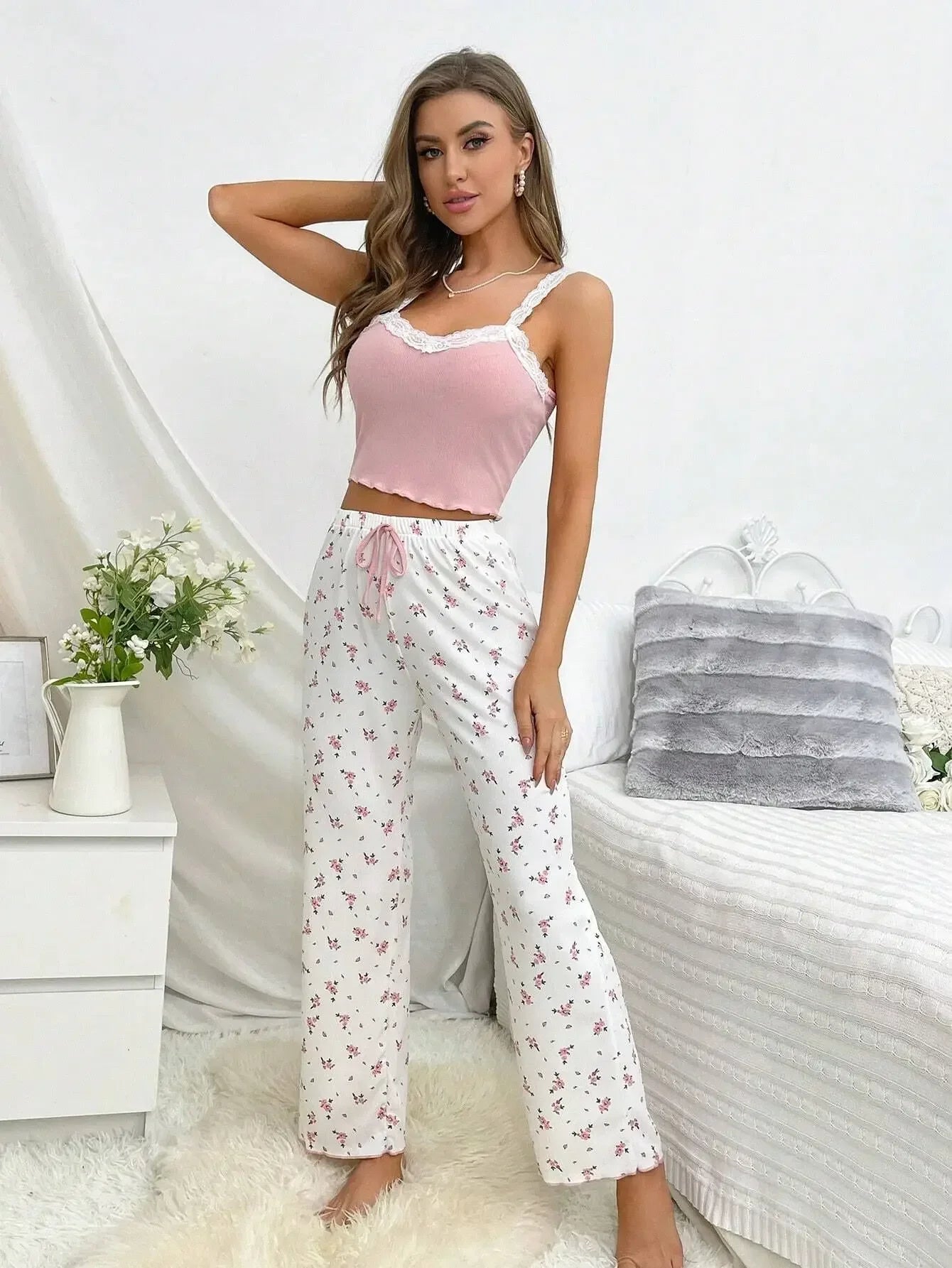 Women Sleepwear Autumn Winter Pajamas Set Casual Floral Printed Tops and Trouses Sets Homewear Loungewear Pajama