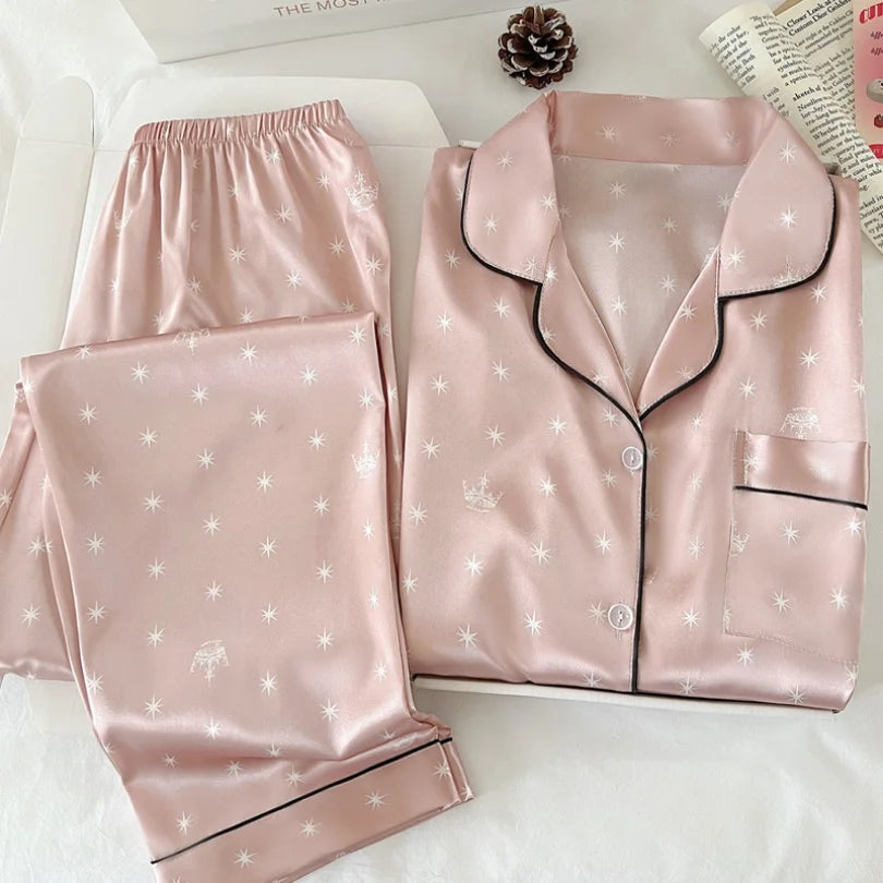 New Japanese-Style Sweet Girl Floral Print Ice Silk Pyjama Set Women's Spring/Autumn Long-Sleeved Top and Trousers Homewear Set