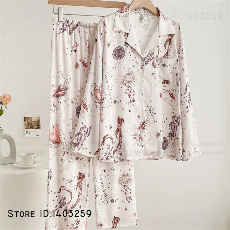 Elegant Silk Satin Women Pajamas Set Lounge Wear Sexy Lingerie Long Sleeve Trouser Pijamas Suit Loose Casual Sleepwear Homewear