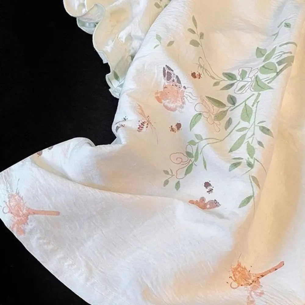 New Chinese Style Lace Up Pajama Suit Flower Reffle Shorts Sleeve Nightwear Women Homewear Loose Two Pieces Sleepwear Sets Home