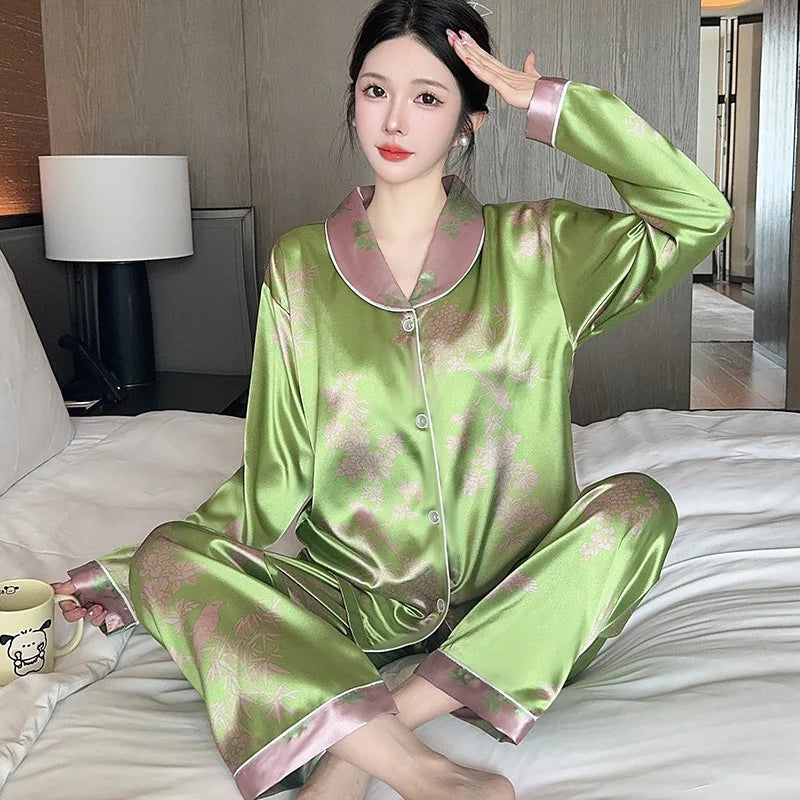 Spring New Women's Long Sleeved Ice Silk Sleepwear Home Suit Set with Floral Lace Loose Sleepwear Home Suit Long Sleeved Set