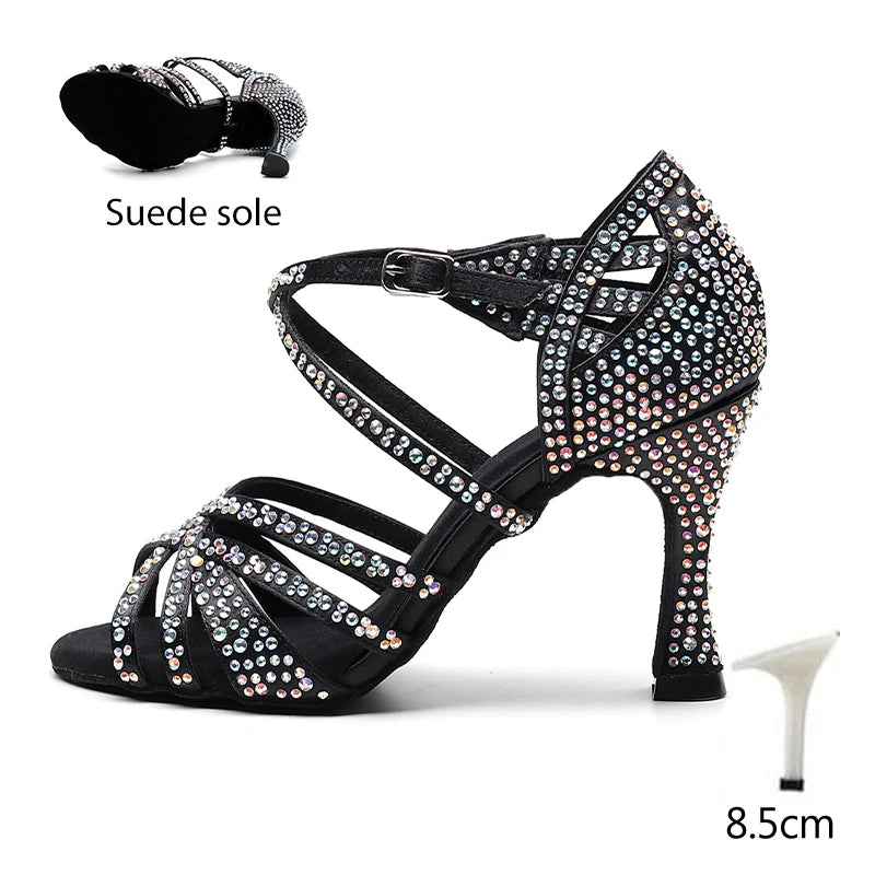 HROYL Ballroom Latin Dance Shoes Ladies Girls New Silk Satin Shiny Rhinestone Cuban High Heels Party Salsa Dance Shoes Women