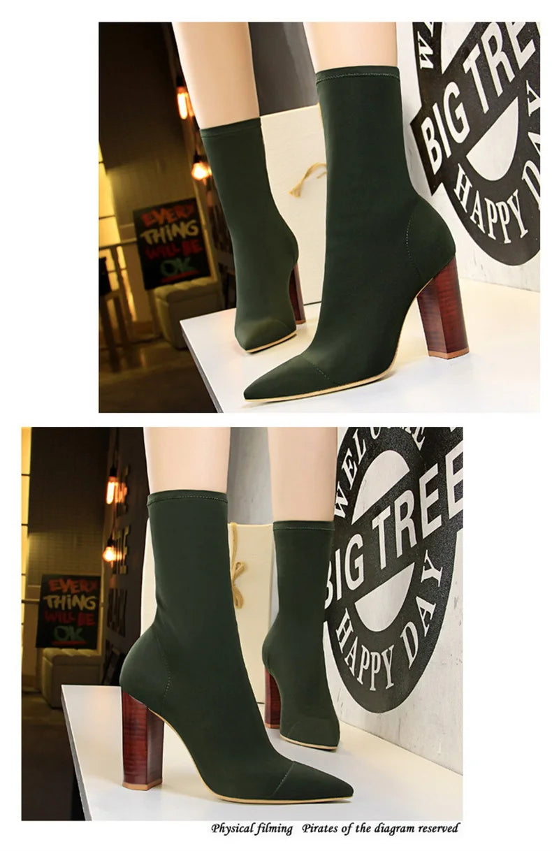 Mid-Calf Boots 2024 New Women Stretch Sock Boots Chunky Block Heels High Heels Silk Shoes Solid Color Short Boots Autumn 3129-3