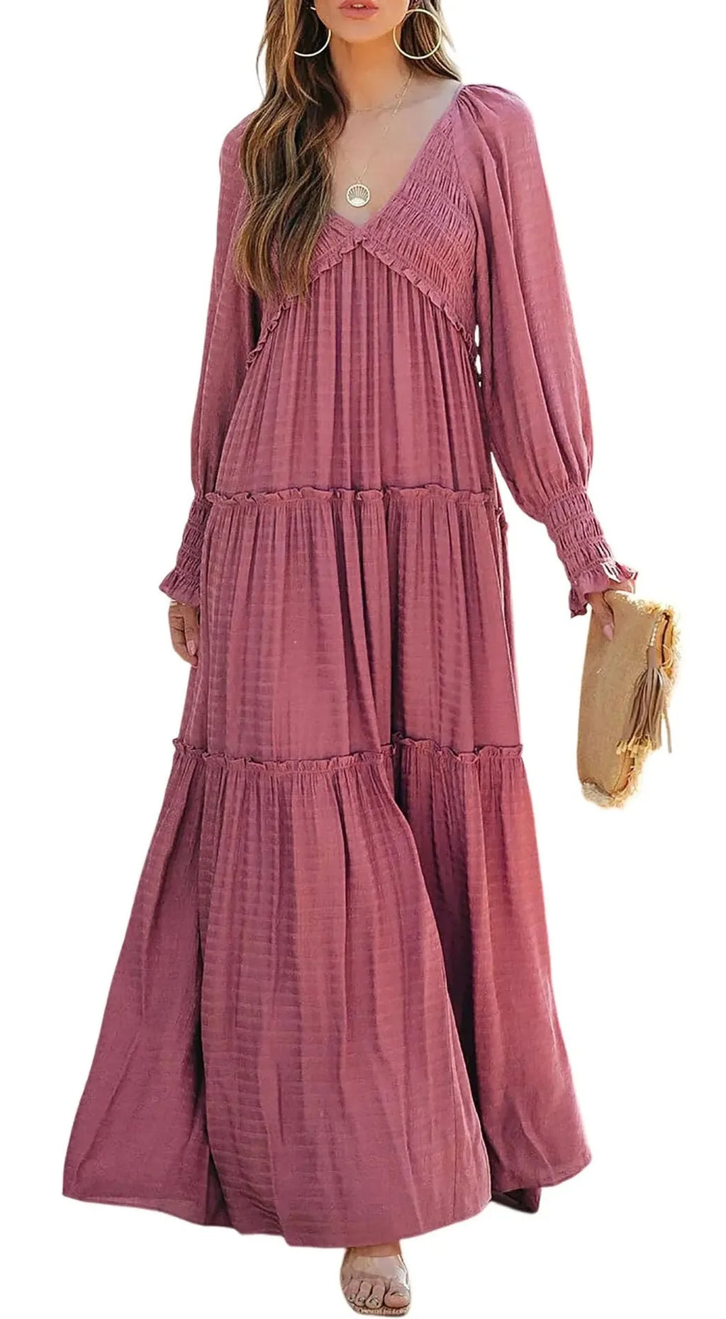Long Dress Women Vintage V Neck Long Sleeve Dresses Loose Y2k High Waist Shirring Casual Summer Loose 2025 Elegant Slight Strech