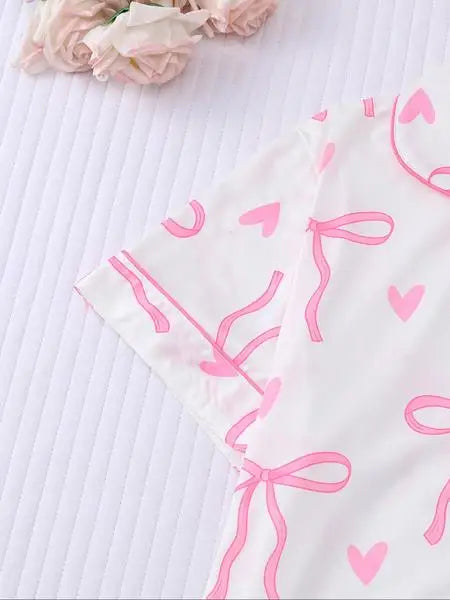 Women's Bow Print Pajama Set, Casual Shirt Collar Soft Top & Elastic Shorts, Comfortable Home Wear for All Seasons