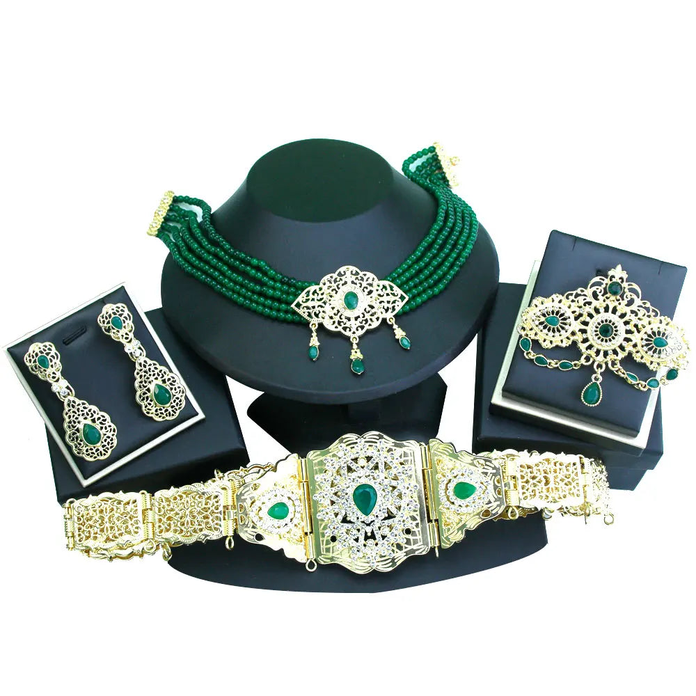 Sunspicems Morocco Bride Wedding Jewelry Sets For Women Gold Color Arabic Caftan Waist Belt Brooch Bead Choker Necklace Earrings