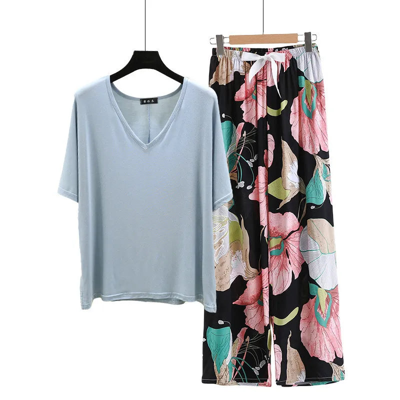 V Neck Tshirt with Poplin Floral wide leg pants summer cool pajamas sets Loose casual homewear suit Rayon Loungewear all match