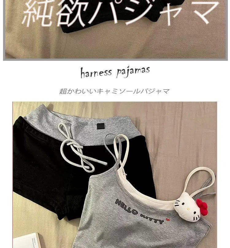 Cute Hello Kitty fake two-piece suspender shorts pajamas women's summer casual loungewear two-piece set can be worn outside