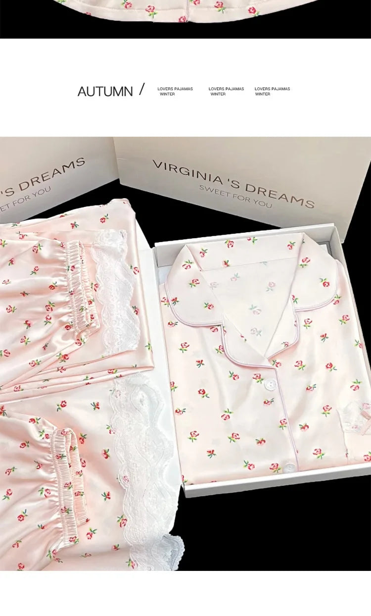Sweet Floral Ins-Style Ice Silk Pure Desire Girl Pajamas Short-Sleeve Three-Piece Set Summer Satin Lace-Trimmed Loungewear