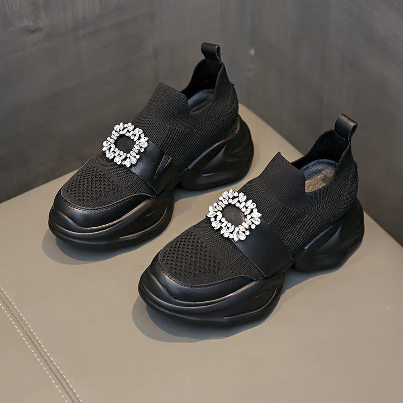 Platform Shoes Women's Spring Summer New Fashion Rhinestone Sports Casual Shoes Slip-On Mesh Breathability Sneakers Women
