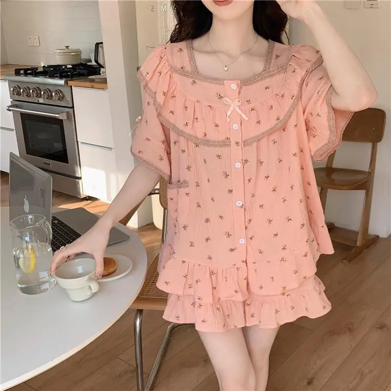 Women Sweet Floral Pajamas Female Summer Set Lace Princess Short-Sleeved Shorts Homewear Ladies Kawaii Soft Nightwear Loungewear