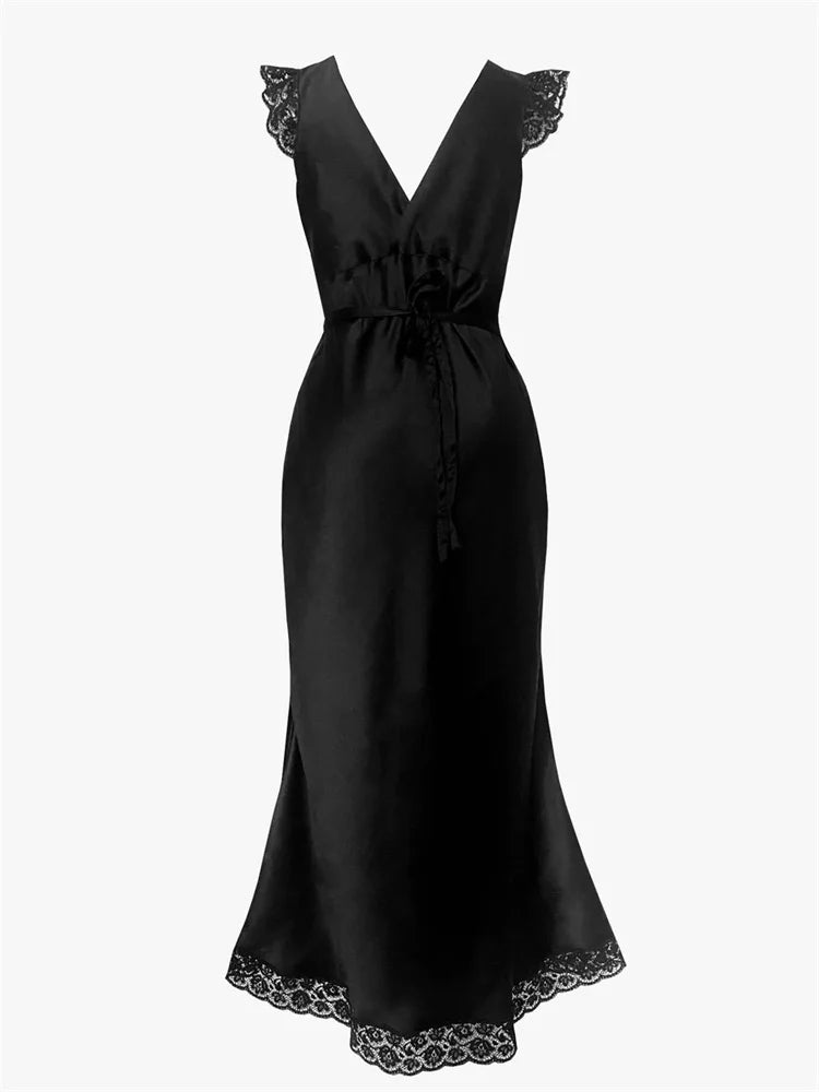 Tossy Fashion Satin Lace Long Dress Women V-Neck Patchwork Hollow Out Sleeveless Lace-Up Dress Evening Female Autumn Maxi Dress