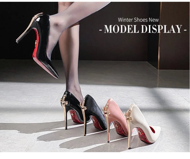 Luxury Designer Women Shoes Exquisite Metal Decoration Pointed Tip High Heels for Woman Elegant French Casual Shoe Zapatos Mujer