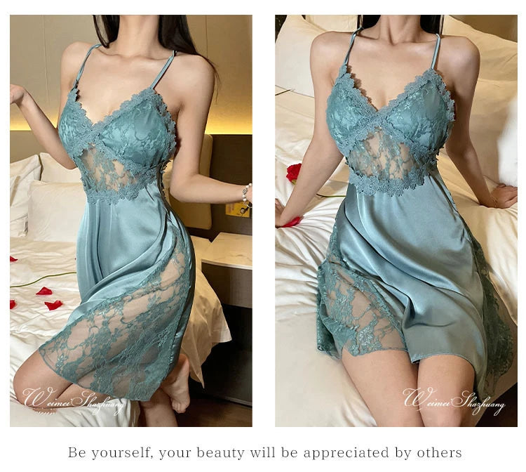 2025 new sexy camisole nightgown women's lace home sleepwear satin deep V backless luxury camisole sleepwear plus size red black