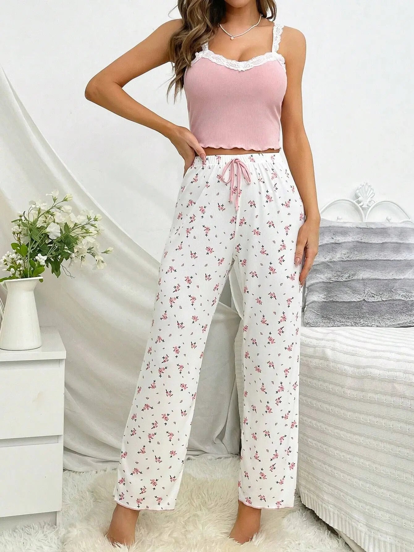 2PCS Pajamas Sets Women Sleepwear Autumn Winter Sleeveless Casual Floral Printed Tops and Trouses Homewear Loungewear