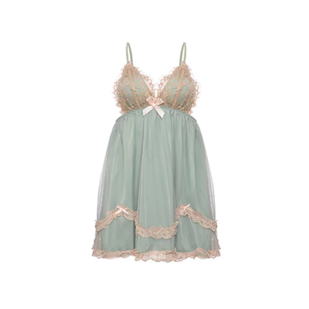 Lace Bowknot Women's Pajama Dress Flower Ruffle Suspender Nightdress Sleeveless Sleepwear Sling Nightgown with Pads Summer