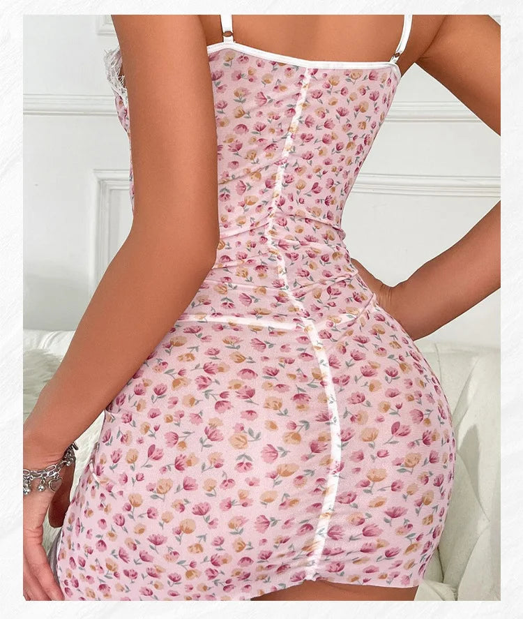 2PCS Women's New Sleepwear Summer Sexy Strap Doll Underwear Set Flower Lace Bordered Bow Tight Dress Sleeping Skirt Hot Selling