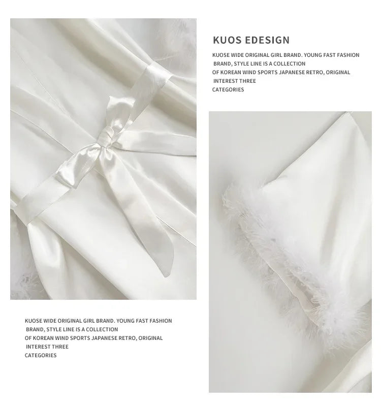 Wedding Bride Bridesmaid Robe Satin Kimono Intimate Lingerie Lady Sexy Feather Sleeve Bathrobe Nightgown Short Sleepwear Onesize