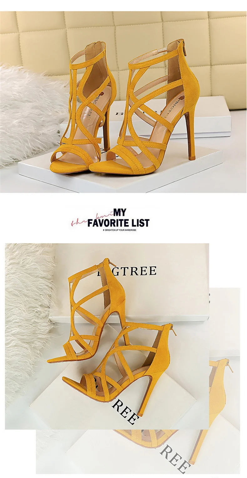 Women Roman style Thin High Heels Pumps Pointed Toe Suede Hollow Strap Party Shoes Solid Solid Ankle Zip Summer Sandals