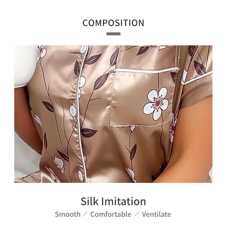Ladies Floral Print Pajamas Set Autumn Short Sleeve Buttons Top & Elastic Waistband Pants Women's Sleepwear Loungewear Pj Sets