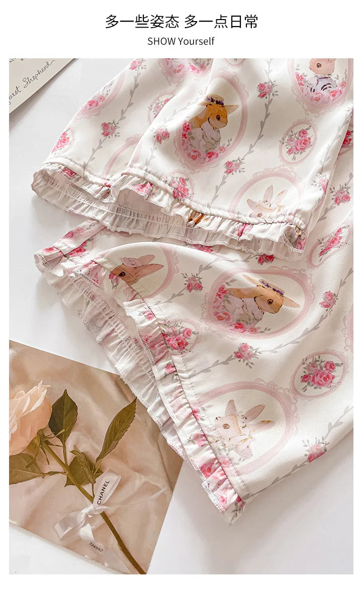 Long Sleeve 2PCS Pjs Trouser Suits Sweet Cute Print Cartoon Sleepwear Pyjama Pour Femme Spring Autumn New Satin Home Clothes