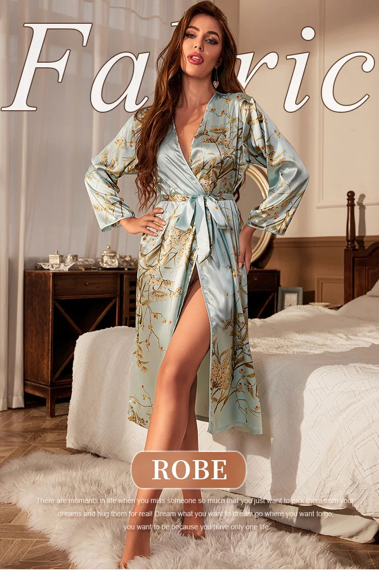 2025New Silk Kimono Robe for Women Floral Print Long Sleeve Lightweight Sexy Sleepwear Lace Up Bathrobe