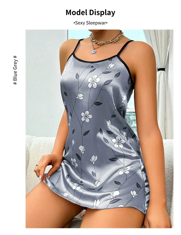 Ladies Sexy Sling Nightgown Nightdress Women's Sexy Lingerie Silk Satin Sleepwear Floral Pinting Nightwear Homewear Mini Dress