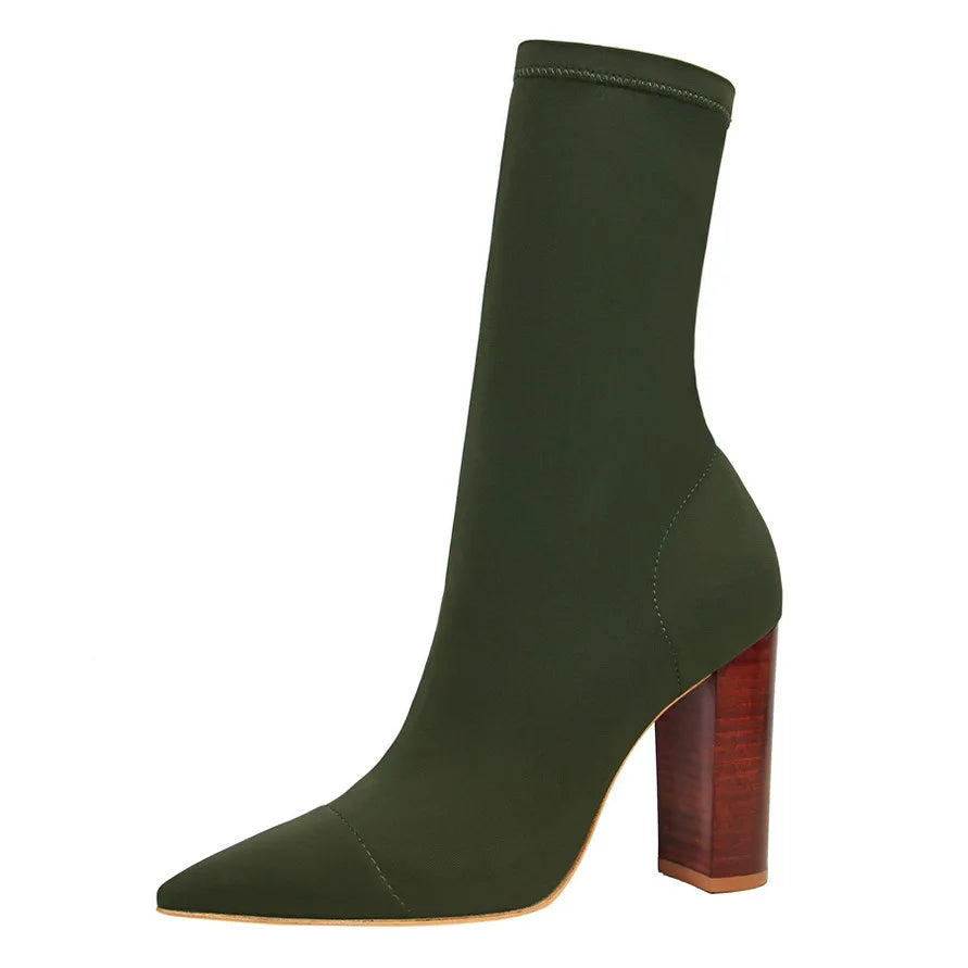 Mid-Calf Boots 2024 New Women Stretch Sock Boots Chunky Block Heels High Heels Silk Shoes Solid Color Short Boots Autumn 3129-3