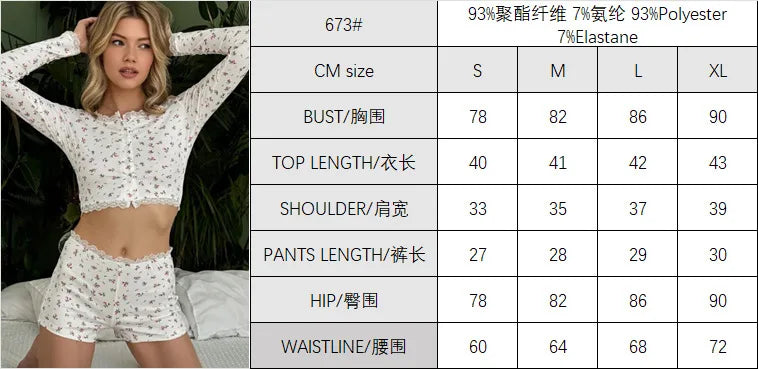 Sexy Womens Floral Print Pajamas Set Summer Long Sleeve Top And Shorts Sleepwear 2 Piece Set For Women Home Casual Skinny Suit