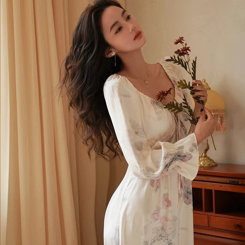 Floral Print Women Nightgown Summer Lace Patchwork Ice Silk Ladies Night Dress Long Sleeve Sexy Lace Up Nightdress for Female