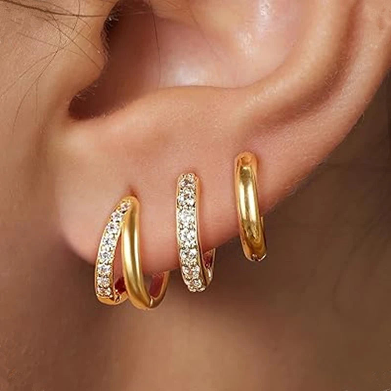 3PCS Sets Stainless Steel Square Zirconia Hoop Earrings For Women Daily Life Cartilage Stud Earrings Piercing Jewelry Gift