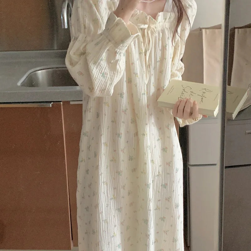 Sweet Girl Floral Print Long Nightdress Sleepwear Spring New Female Cotton Nightgown Lounge Wear Casual Bathrobe Home Wear