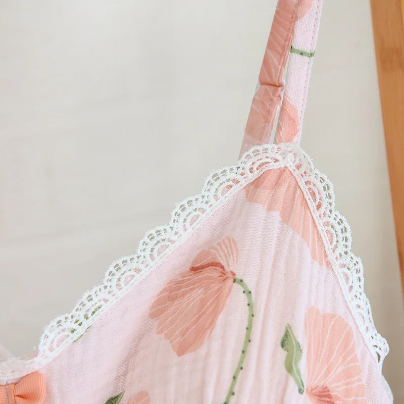 2026 New Summer Women's Pajama Set 100% Cotton Suspenders+Shorts with Chest Pads Two Piece Set of Ladies Flower Home Furnishings