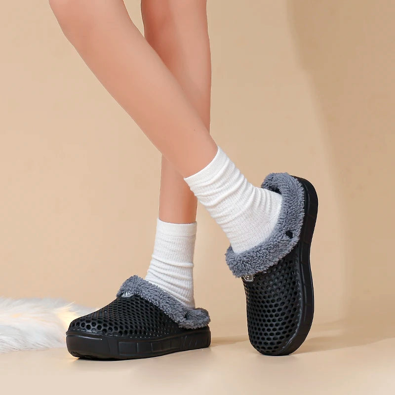 Winter Couple Fuzzy Slippers Women Men, Warm Fur Lined Mule House Shoes for Indoor Outdoor Cozy Comfortable Non-Slip Soft Slippe