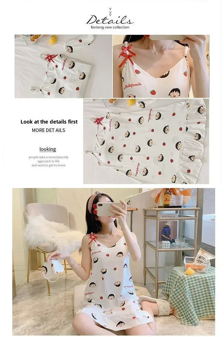 New with Bra Pad, Free Eye Mask, Sling, Loose and Cute Cartoon Animal Pajamas, Nightgown Role-playing Sleepwear Women